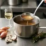 Fumet de poisson limpide dans une casserole en inox, échalotes, champignons et vin blanc