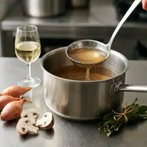 Fumet de poisson limpide dans une casserole en inox, échalotes, champignons et vin blanc